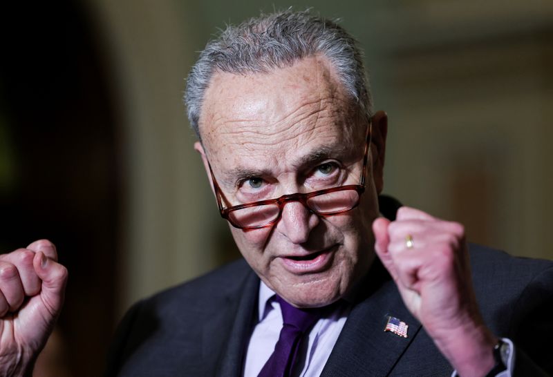 &copy; Reuters. FILE PHOTO: U.S. Senate Majority Leader Chuck Schumer (D-NY) talks to reporters following the Senate Democrats weekly policy lunch at the U.S. Capitol in Washington, U.S., June 15, 2021. REUTERS/Evelyn Hockstein