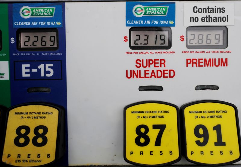 © Reuters. FILE PHOTO: Choices at the gas pump including ethanol or no ethanol gas are seen in Des Moines, Iowa, U.S., January 29, 2020.   REUTERS/Brian Snyder/File Photo