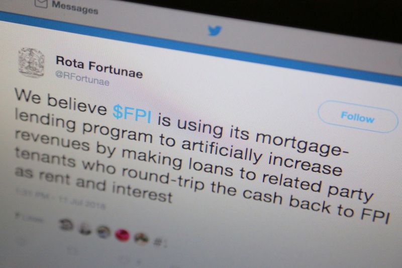 © Reuters. FILE PHOTO: A tweet from the account of Rota Fortunae regarding Farmland Partners Inc appears in this picture illustration taken March 15, 2019.    REUTERS/Chris Helgren/Illustration