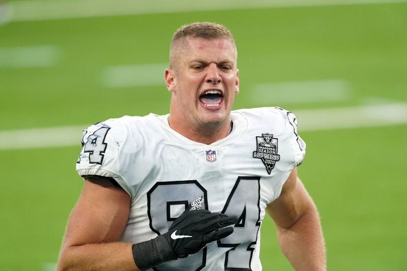 &copy; Reuters. FILE PHOTO: Las Vegas Raiders defensive end Carl Nassib celebrates at the end of the game against the Los Angeles Chargers at SoFi Stadium in Inglewood, California, U.S. November 8, 2020.   Mandatory Credit: Kirby Lee-USA TODAY Sports/File Photo