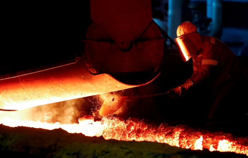 &copy; Reuters. FILE PHOTO: A steel worker of Germany's industrial conglomerate ThyssenKrupp AG works near a blast furnace at Germany's largest steel factory in Duisburg, Germany, January 28, 2019. REUTERS/Wolfgang Rattay/File Photo