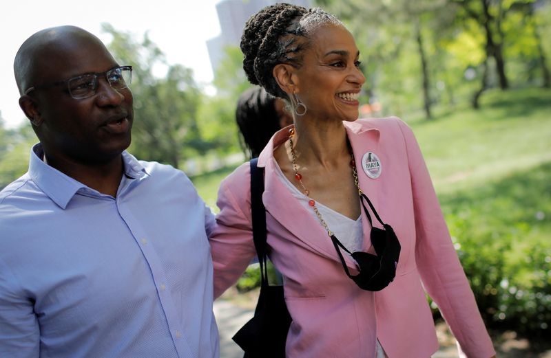 &copy; Reuters. FILE PHOTO: Democratic candidate for New York City Mayor Maya Wiley campaigns with U.S. Representative Jamaal Bowman (D-NY) at the Co-op City housing complex in the Bronx borough of New York City, New York, U.S., June 7, 2021. REUTERS/Mike Segar/File Phot
