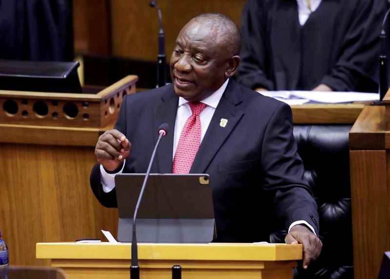 &copy; Reuters. FILE PHOTO: President Cyril Ramaphosa delivers his State of the Nation address in parliament in Cape Town, South Africa, February 11, 2021. Esa Alexander/Pool via REUTERS