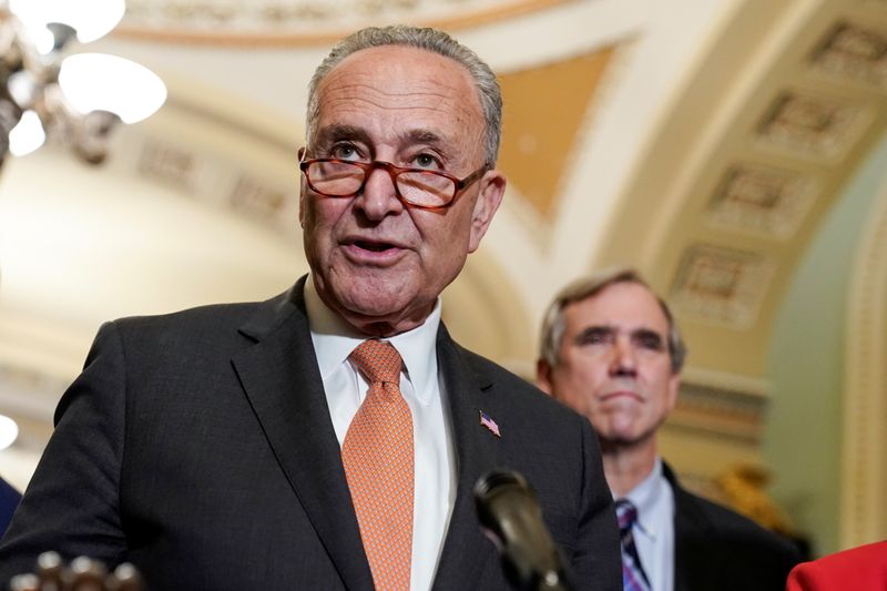 © Reuters. Senate Majority Leader Chuck Schumer (D-NY) speaks to the media after the Senate Democratic policy luncheon on Capitol Hill in Washington, U.S., June 22, 2021.      REUTERS/Joshua Roberts