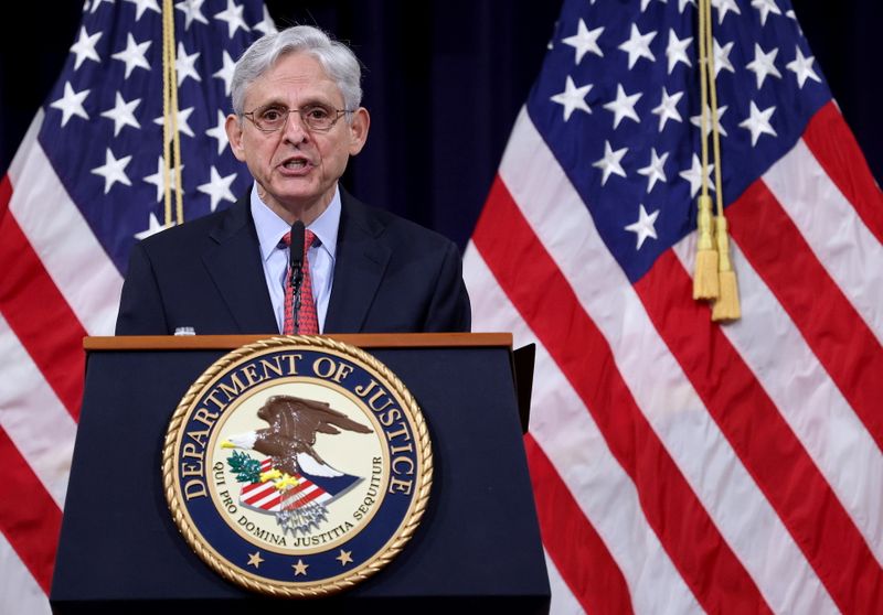 &copy; Reuters. FILE PHOTO: U.S. Attorney General Merrick Garland speaks during an event at the Justice Department in Washington, U.S., June 15, 2021. Garland addressed domestic terrorism during his remarks.  Win McNamee/Pool via REUTERS