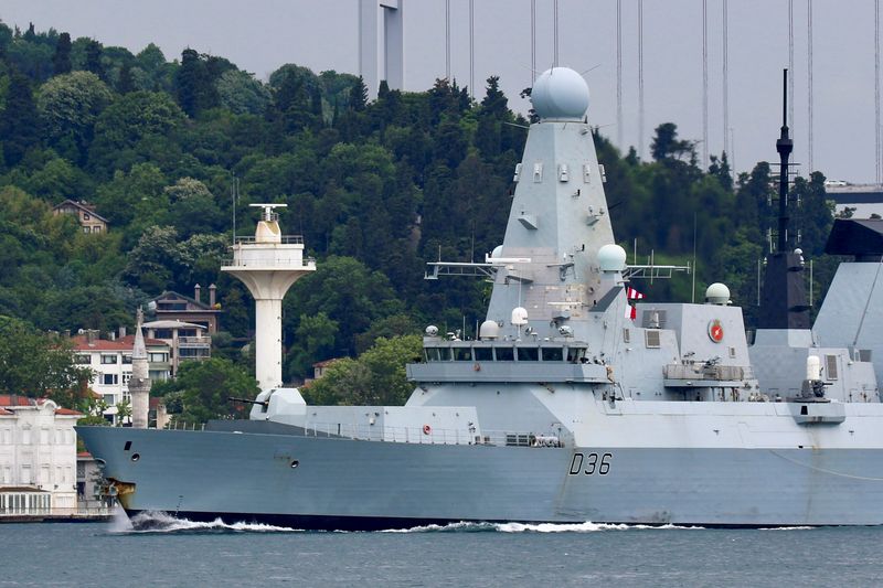 &copy; Reuters. British Royal Navy's Type 45 destroyer HMS Defender sets sail in the Bosphorus, on its way to the Black Sea, in Istanbul, Turkey June 14, 2021. Picture taken  June 14, 2021. REUTERS/Yoruk Isik