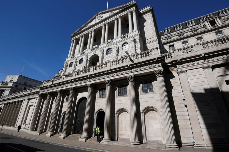 &copy; Reuters. FILE PHOTO: A security officer stands outside the Bank of England, as the spread of the coronavirus disease (COVID-19) continues, in London, Britain, March 23, 2020. REUTERS/Toby Melville