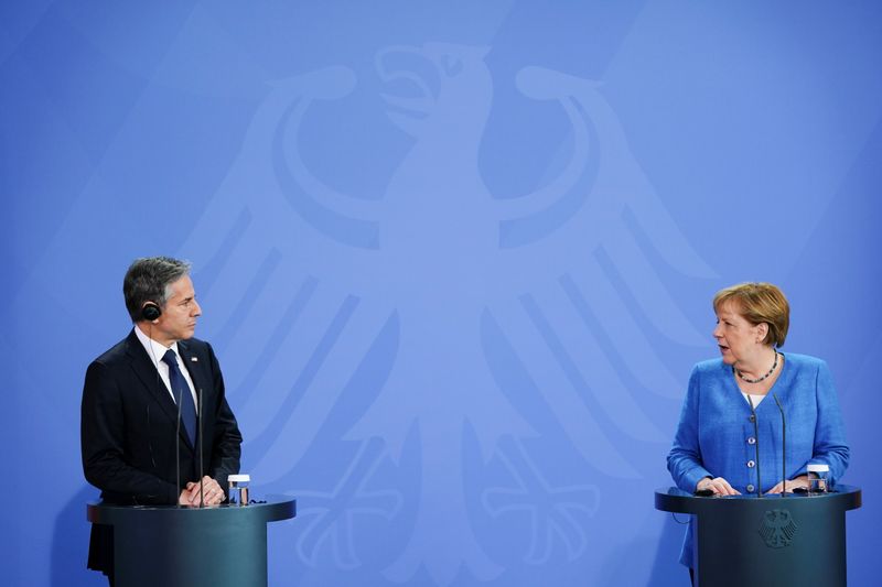&copy; Reuters. German Chancellor Angela Merkel and U.S. Secretary of State Antony Blinken hold a joint news conference at the Chancellery in Berlin, Germany June 23, 2021. Clemens Bilan/Pool via REUTERS