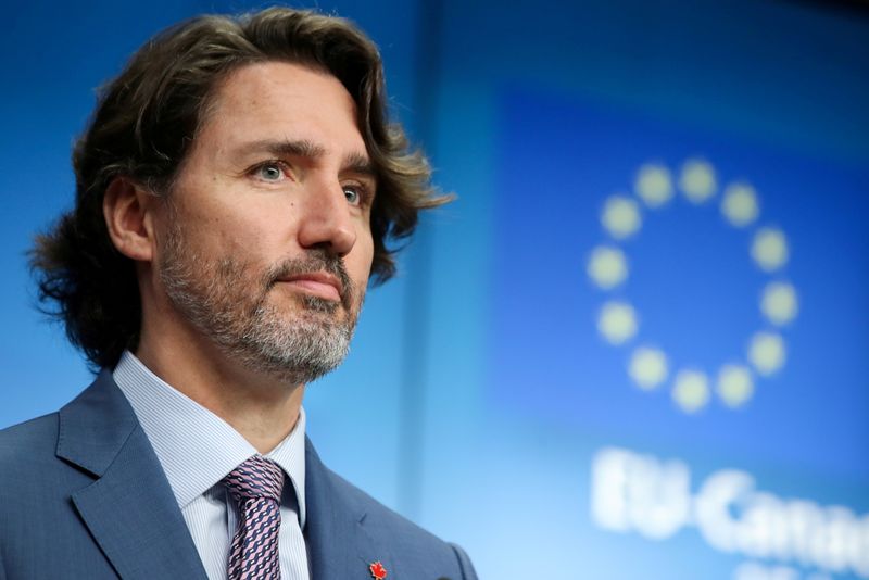 &copy; Reuters. FILE PHOTO: Canadian Prime Minister Justin Trudeau holds a news conference after an EU-Canada summit, in Brussels, Belgium June 15, 2021. REUTERS/Yves Herman/File Photo