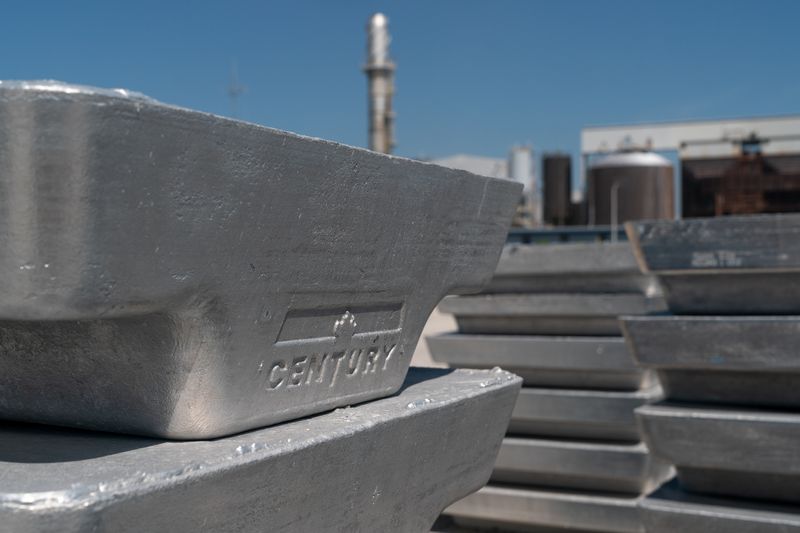&copy; Reuters. FILE PHOTO: 1200 pound high grade aluminum blocks await shipment at Century Aluminum Company in Hawesville, Kentucky, U.S. May 14, 2019. REUTERS/Bryan Woolston