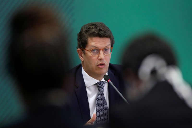 &copy; Reuters. FILE PHOTO: Brazil's Environment Minister Ricardo Salles speaks during a news conference after a virtual global climate summit in Brasilia, Brazil, April 22, 2021. REUTERS/Ueslei Marcelino