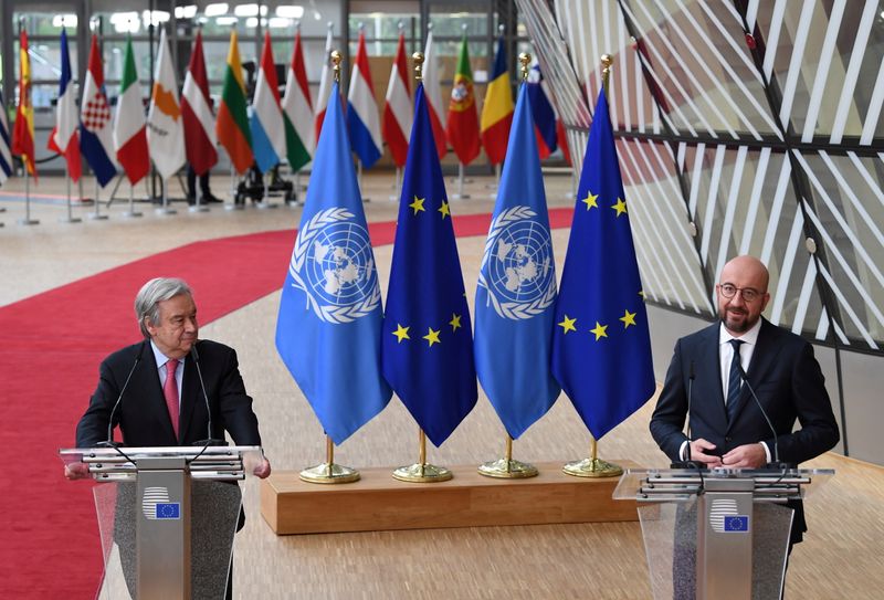 &copy; Reuters. Secretário-geral da Organização das Nações Unidas (ONU), António Guterres, e o presidente do Conselho Europeu, Charles Michel, no primeiro dia da cúpula da União Europeia em Bruxelas, na Bélgica
24/06/2021 John Thys/Pool via REUTERS