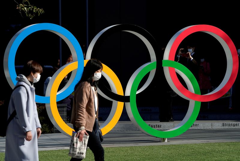 &copy; Reuters. FILE PHOTO: Women wearing protective face masks following an outbreak of the coronavirus disease (COVID-19) walk past the Olympic rings in front of the Japan Olympics Museum, a day after the announcement of the games' postponement to 2021, in Tokyo, Japan
