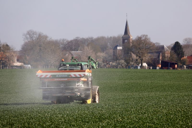 &copy; Reuters. A farmer spreads nitrogen fertilizer in his wheat field in Blecourt, France, April 13, 2021.   REUTERS/Pascal Rossignol