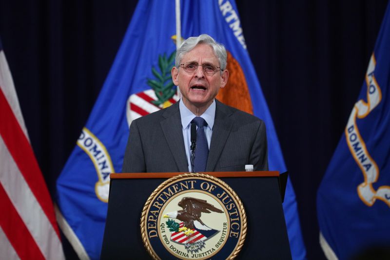 &copy; Reuters. FILE PHOTO: U.S. Attorney General Merrick Garland delivers remarks on voting rights at the U.S. Department of Justice in Washington, U.S., June 11, 2021. Tom Brenner/Pool via REUTERS