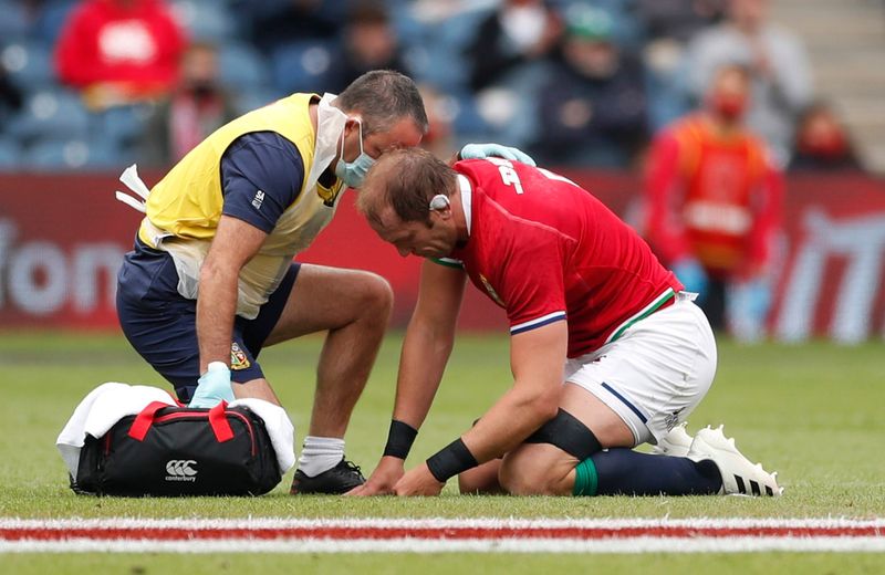 &copy; Reuters. Rugby Union - International Test - British and Irish Lions v Japan - Murrayfield Stadium, Edinburgh, Scotland, Britain - June 26, 2021 British and Irish Lions' Alun Wyn Jones receives medical attention after sustaining an injury Action Images via Reuters/
