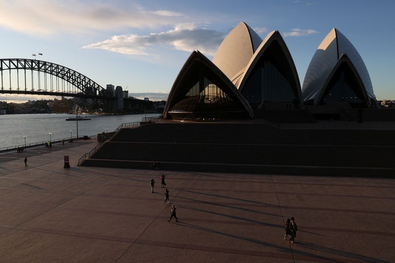 &copy; Reuters. FILE PHOTO: People are seen walking in front of the Sydney Opera House and Sydney Harbour Bridge following the easing of restrictions implemented to curb the spread of the coronavirus disease (COVID-19) in Sydney, Australia, June 23, 2020.  REUTERS/Loren 