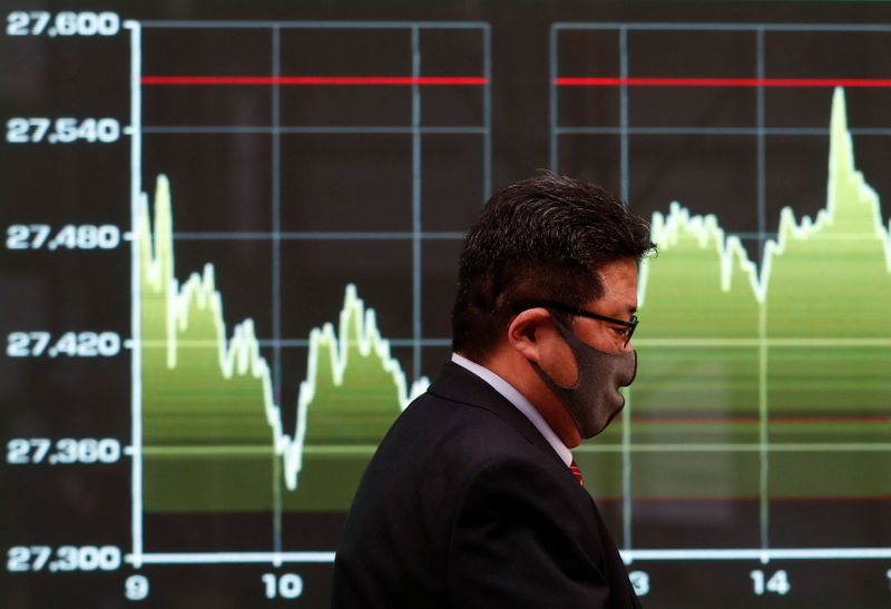 &copy; Reuters. Imagen de archivo de un hombre con mascarilla caminando frente a una pantalla que muestra un gráfico de los movimientos recientes del índice Nikkei afuera de una correduría en Tokio