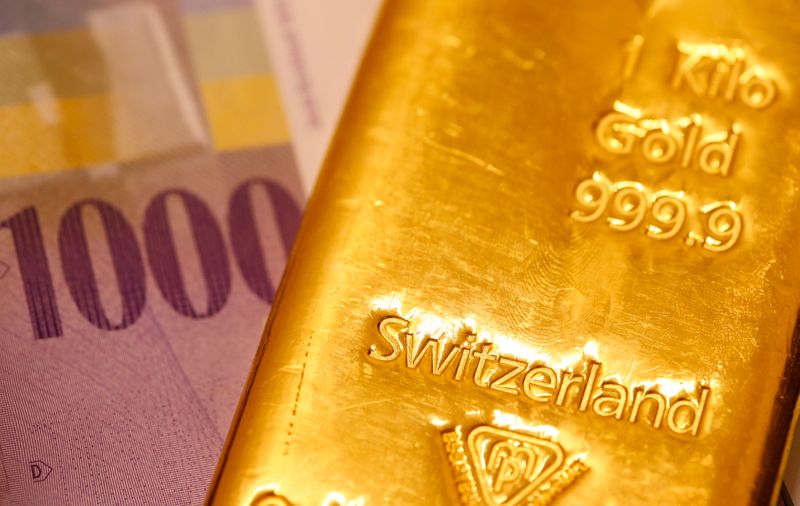 &copy; Reuters. Swiss Franc banknotes and a one kilogramm gold bar are displayed in a Swiss bank in Bern November 25, 2014. The "Save our Swiss gold" proposal, spearheaded by the right-wing Swiss People's Party (SVP), aims to ban the central bank from offloading its rese