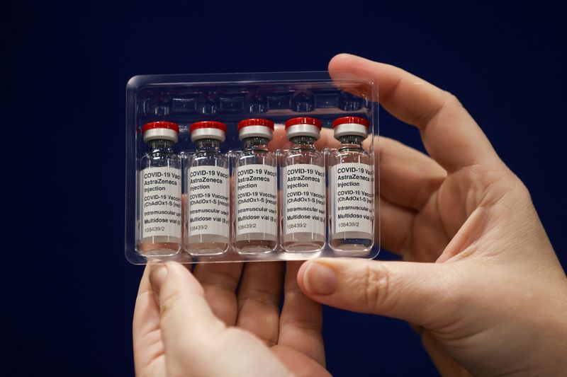 &copy; Reuters. FILE PHOTO: Vials with AstraZeneca's coronavirus disease (COVID-19) vaccine are seen at the vaccination centre in the Newcastle Eagles Community Arena, in Newcastle upon Tyne, Britain, January 30, 2021. REUTERS/Lee Smith