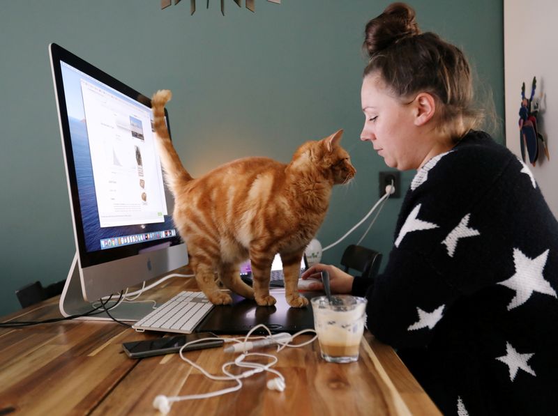 &copy; Reuters. FILE PHOTO: A woman works in a house with her cat while workers are forced to work from home and demand payback for extra home office costs during the coronavirus disease (COVID-19) outbreak in Sassenheim, Netherlands October 2, 2020. Picture taken Octobe