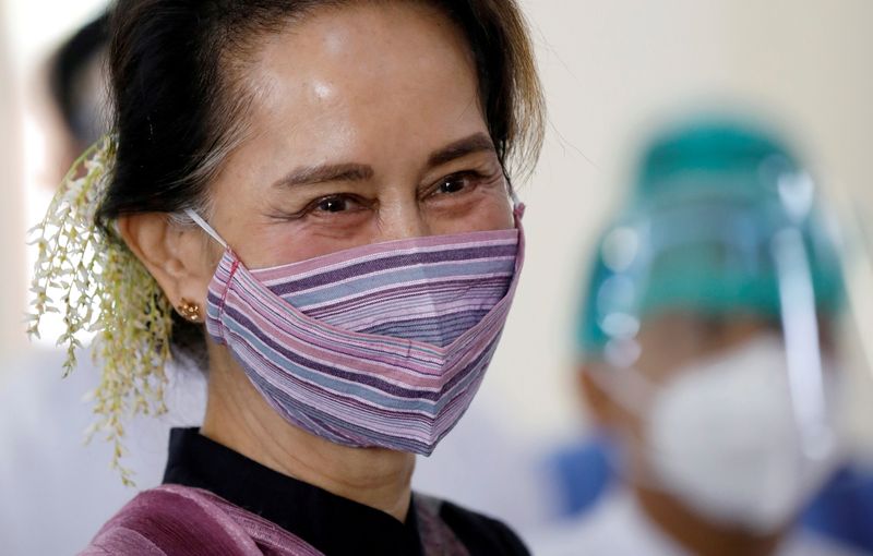 &copy; Reuters. 　６月２８日　ミャンマーの２月１日の国軍クーデター直後から軟禁されているアウン・サン・スー・チー氏が、新型コロナウイルスの感染に警戒を高めるよう国民に呼び掛けた。弁護士の