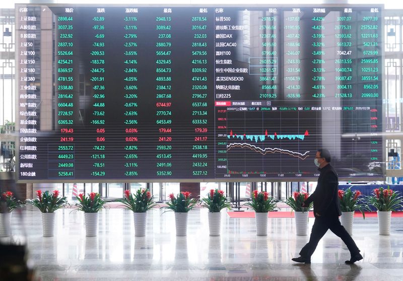 &copy; Reuters. Un uomo indossa una mascherina all'interno della Borsa di Shanghai, presso il distretto di Pudong. 28 febbraio 2020. REUTERS/Aly Song