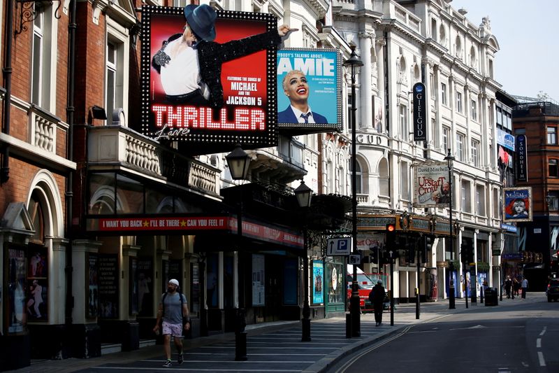 &copy; Reuters. FILE PHOTO: A man walks past the Lyric Theatre at London's West End, amid the spread of the coronavirus disease (COVID-19), in London, Britain, August 13, 2020. REUTERS/Henry Nicholls