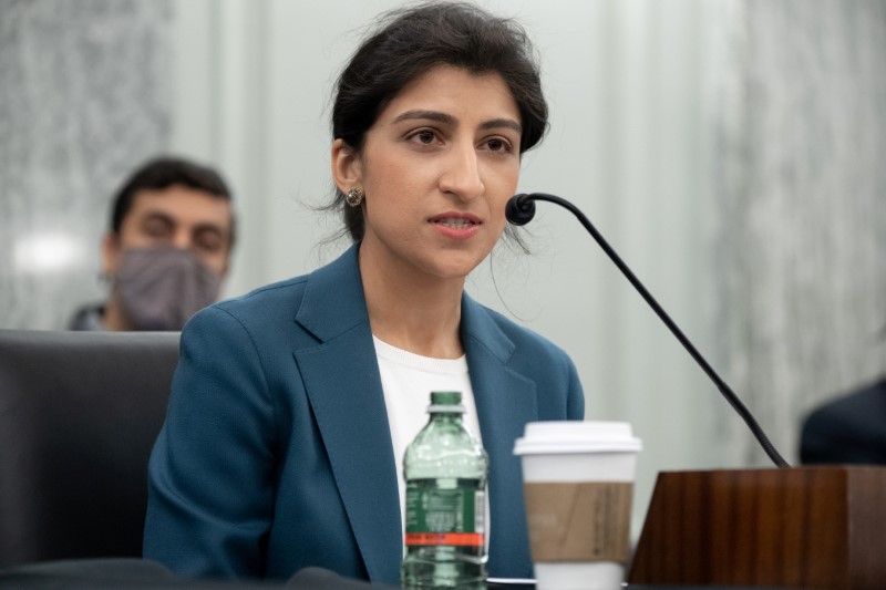 &copy; Reuters. FILE PHOTO: Lina Khan, nominee for Commissioner of the Federal Trade Commission (FTC), speaks during a Senate Committee on Commerce, Science, and Transportation confirmation hearing on Capitol Hill in Washington, DC, U.S. April 21, 2021.  Saul Loeb/Pool v