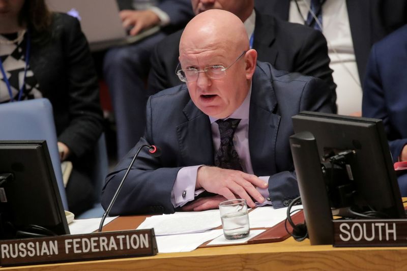 &copy; Reuters. FILE PHOTO: Vassily Nebenzia, Russian Ambassador to the United Nations, addresses the United Nations Security Council at U.N. headquarters in New York, U.S, April 10, 2019. REUTERS/Brendan McDermid/File Photo
