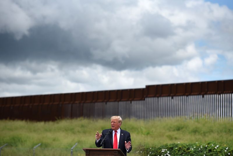 © Reuters. Former U.S. President Donald Trump visits an unfinished section of the wall along the U.S.-Mexico border in Pharr, Texas, U.S. June 30, 2021.  REUTERS/Callaghan O'Hare