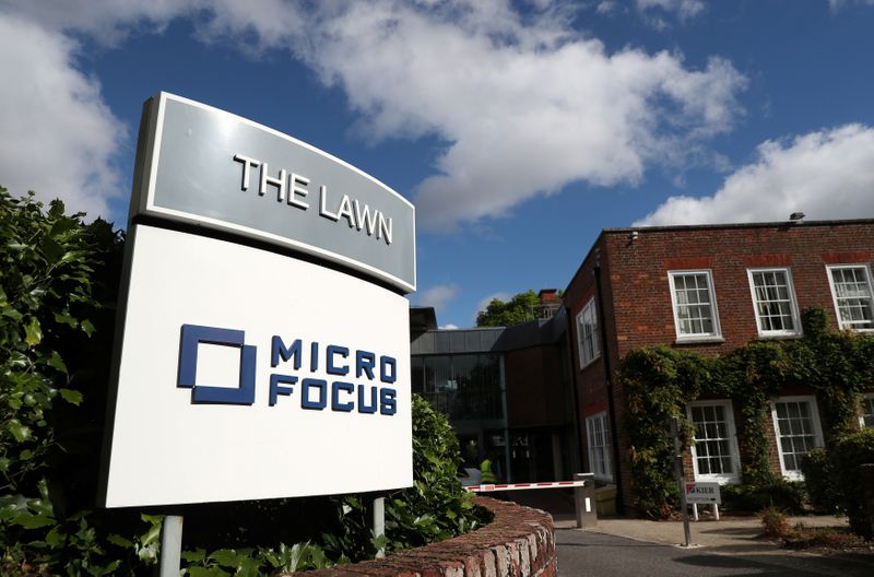 &copy; Reuters. FILE PHOTO: Signs stand outside the offices of Micro Focus in Newbury, Britain, September 8, 2016. REUTERS/Eddie Keogh/File Photo