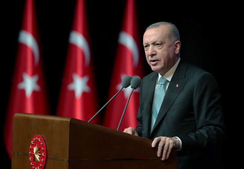 &copy; Reuters. الرئيس التركي رجب طيب أردوغان يتحدث يلقي كلمة في أنقرة يوم الأول 2021. صورة حصلت عليها رويترز من المكتب الإعلامي للرئاسة التركية.