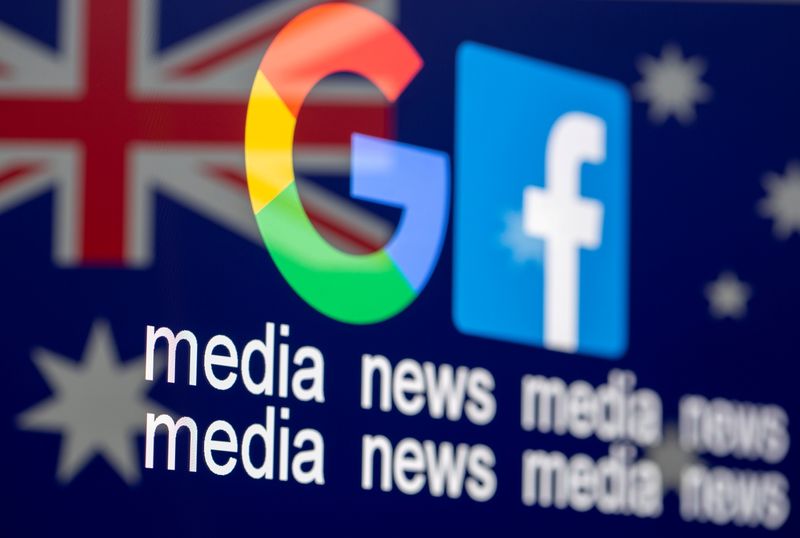 © Reuters. Ilustração com logos de Google e Facebook diante da bandeira da Austrália 
18/02/2021
REUTERS/Dado Ruvic