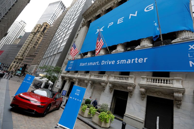 &copy; Reuters. FILE PHOTO: An XPeng Inc. P7 performance electric vehicle is seen outside the New York Stock Exchange (NYSE) ahead of the Chinese company's IPO trading under the stock symbol "XPEV" in New York, August 27, 2020. REUTERS/Mike Segar/File Photo