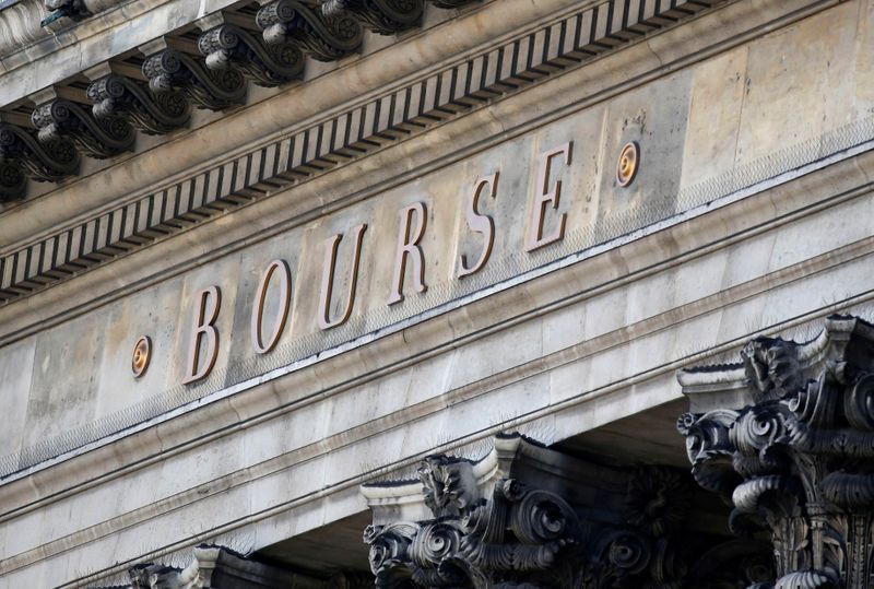 &copy; Reuters. The word Bourse is seen on the facade of the Palais Brongniart, former Paris Stock Exchange, located Place de la Bourse in Paris, France, August 6, 2018.  REUTERS/Regis Duvignau