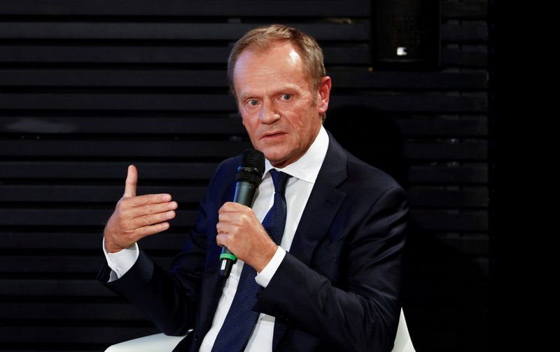 &copy; Reuters. FILE PHOTO: Former EU Council President Donald Tusk speaks during an event of the Konrad Adenauer Foundation to discuss the 30th anniversary of Germany's reunification in Berlin, Germany, September 10, 2020. REUTERS/Michele Tantussi/Pool/File Photo