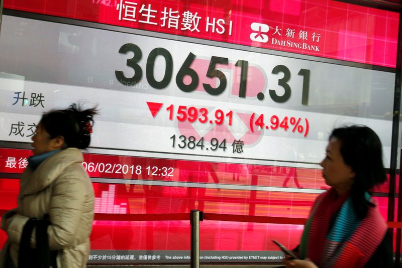 &copy; Reuters. A panel displays the closing morning trading Hang Seng Index outside a bank in Hong Kong, China February 6, 2018.      REUTERS/Bobby Yip