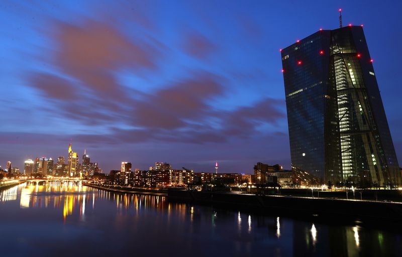 &copy; Reuters. FILE PHOTO: The European Central Bank (ECB) headquarters is pictured during sunset as the spread of the coronavirus disease (COVID-19) continues in Frankfurt, Germany, March 21, 2021. REUTERS/Kai Pfaffenbach