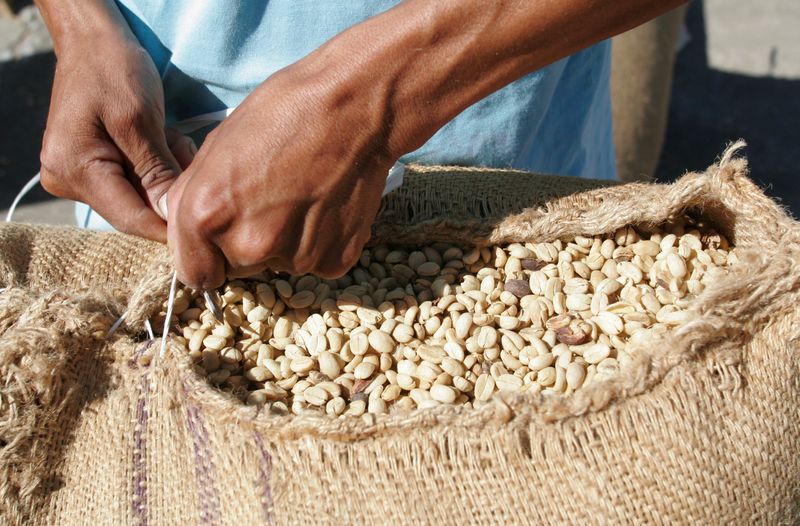 &copy; Reuters. Produtor fechando saca de grãos de café arábica no Peru. 
11/08/2008    
REUTERS/Enrique Castro-Mendivil 