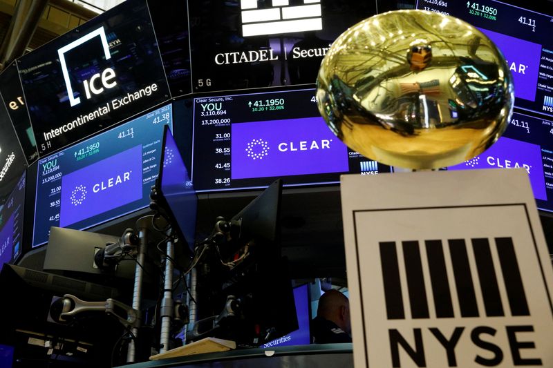 &copy; Reuters. A ceremonial bell is seen at the post where Clear Secure Inc, celebrated their IPO on the floor of the New York Stock Exchange (NYSE) in New York City, U.S., June 30, 2021.  REUTERS/Brendan McDermid