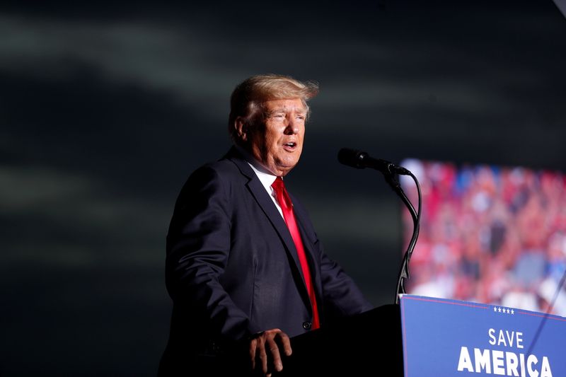 &copy; Reuters. FILE PHOTO: Former President Donald Trump speaks to his supporters during the Save America Rally at the Sarasota Fairgrounds in Sarasota, Florida, U.S. July 3, 2021. REUTERS/Octavio Jones