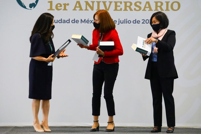 &copy; Reuters. U.S. Trade Representative Katherine Tai, Mexican Economy Minister Tatiana Clouthier and Canadian Minister of Small Business, Export Promotion and International Trade Mary Ng attend an event to commemorate the first anniversary of the entry-into-force of t