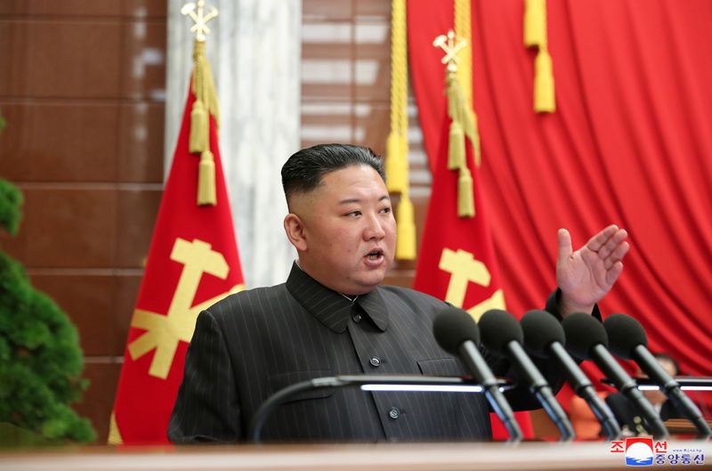 &copy; Reuters. FILE PHOTO: North Korean leader Kim Jong Un speaks during a Report on Enlarged Meeting of the 2nd Political Bureau of the 8th Central Committee of the Workers' Party of Korea, in Pyongyang, North Korea in this image released July 5, 2021 by the country's 