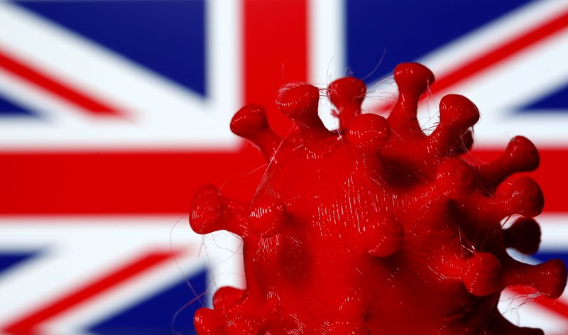 &copy; Reuters. FILE PHOTO: A 3D-printed coronavirus model is seen in front of a British flag on display in this illustration taken March 25, 2020. REUTERS/Dado Ruvic/Illustration