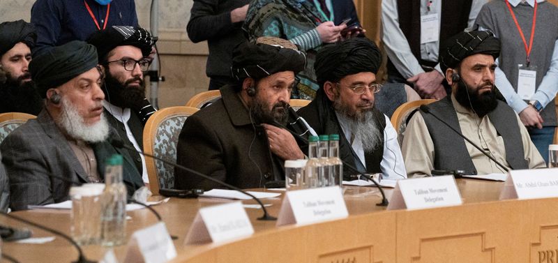 &copy; Reuters. FILE PHOTO: Mullah Abdul Ghani Baradar, the Taliban's deputy leader and negotiator, and other delegation members attend the Afghan peace conference in Moscow, Russia March 18, 2021. Alexander Zemlianichenko/Pool via REUTERS/File Photo