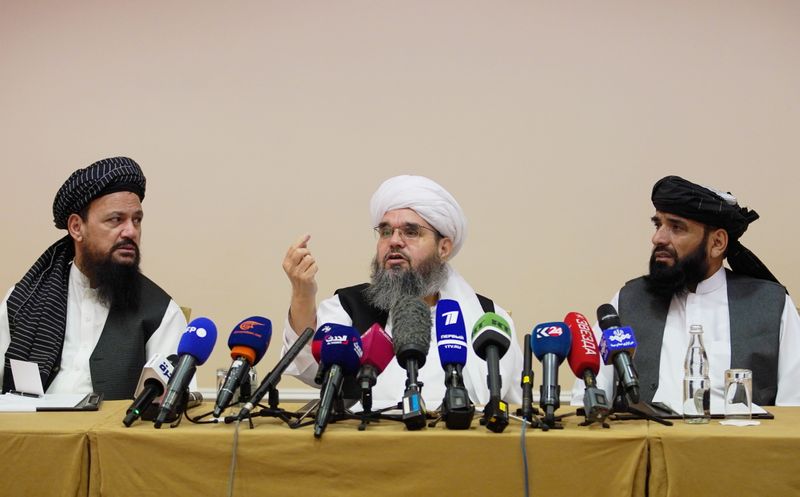&copy; Reuters. Members of Taliban political office Abdul Latif Mansoor (L), Shahabuddin Delawar (C) and Suhail Shaheen attend a news conference in Moscow, Russia July 9, 2021. REUTERS/Tatyana Makeyeva