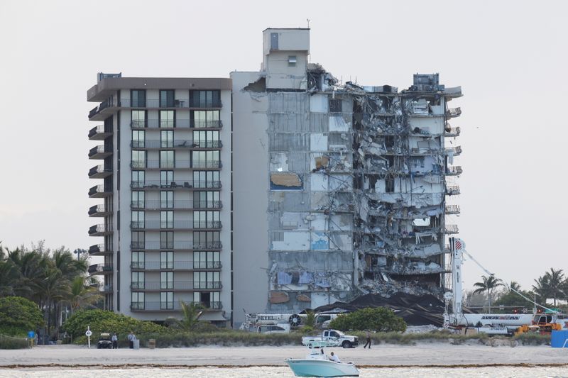 &copy; Reuters. FILE PHOTO: View of the partially collapsed residential building as rescue operations are stopped, in Surfside, Florida, U.S., July 4, 2021. REUTERS/Marco Bello/File Photo