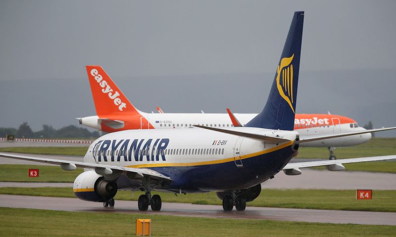 &copy; Reuters. Imagen de archivo. Avión de Ryanair detrás de una aeronave de easyJet, Aeropuerto de Mánchester