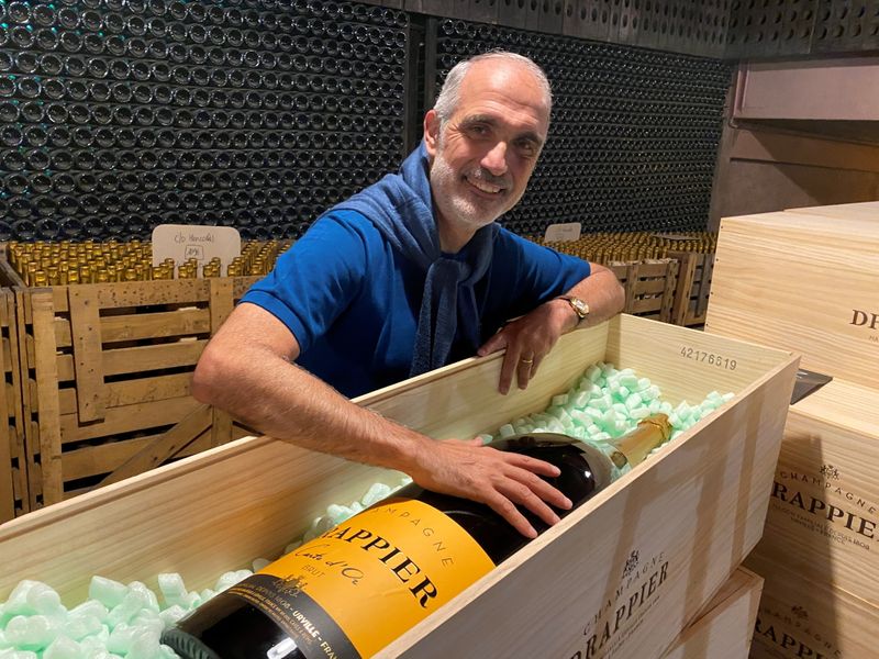 © Reuters. French champagne producer Michel Drappier poses during an interview with Reuters in Urville, France, July 8, 2021, after Russia adopted new law requiring French producers to label their product as 